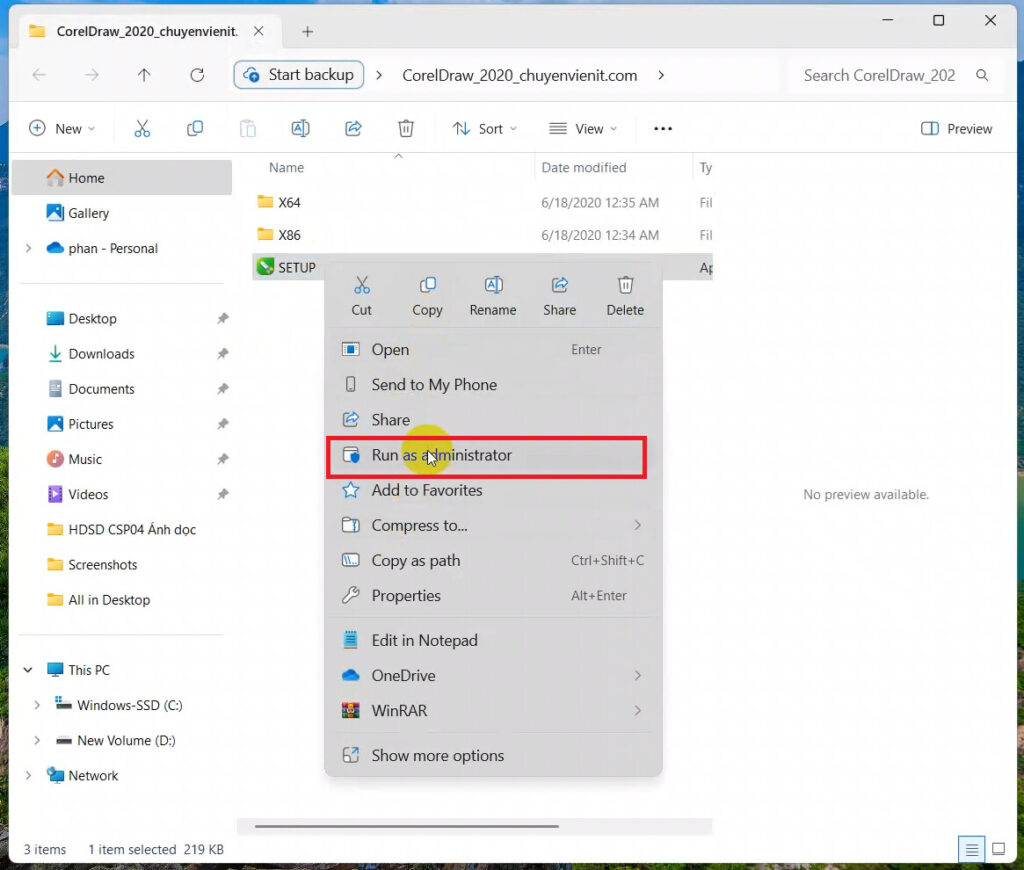 chạy file Setup bằng quyền quản trị