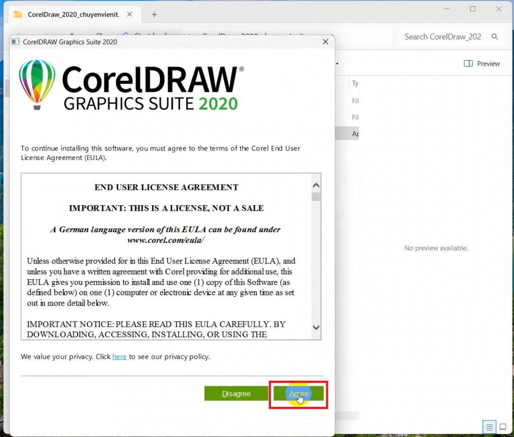 nhấn đồng ý điều khoảng của Corel