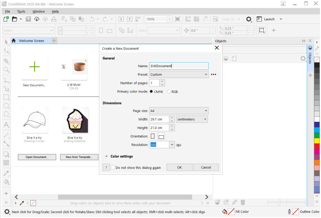 tạo 1 tài liệu mới CorelDraw
