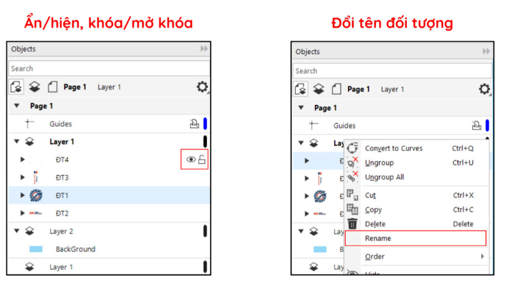 Đổi tên, ẩn/hiện đối tượng